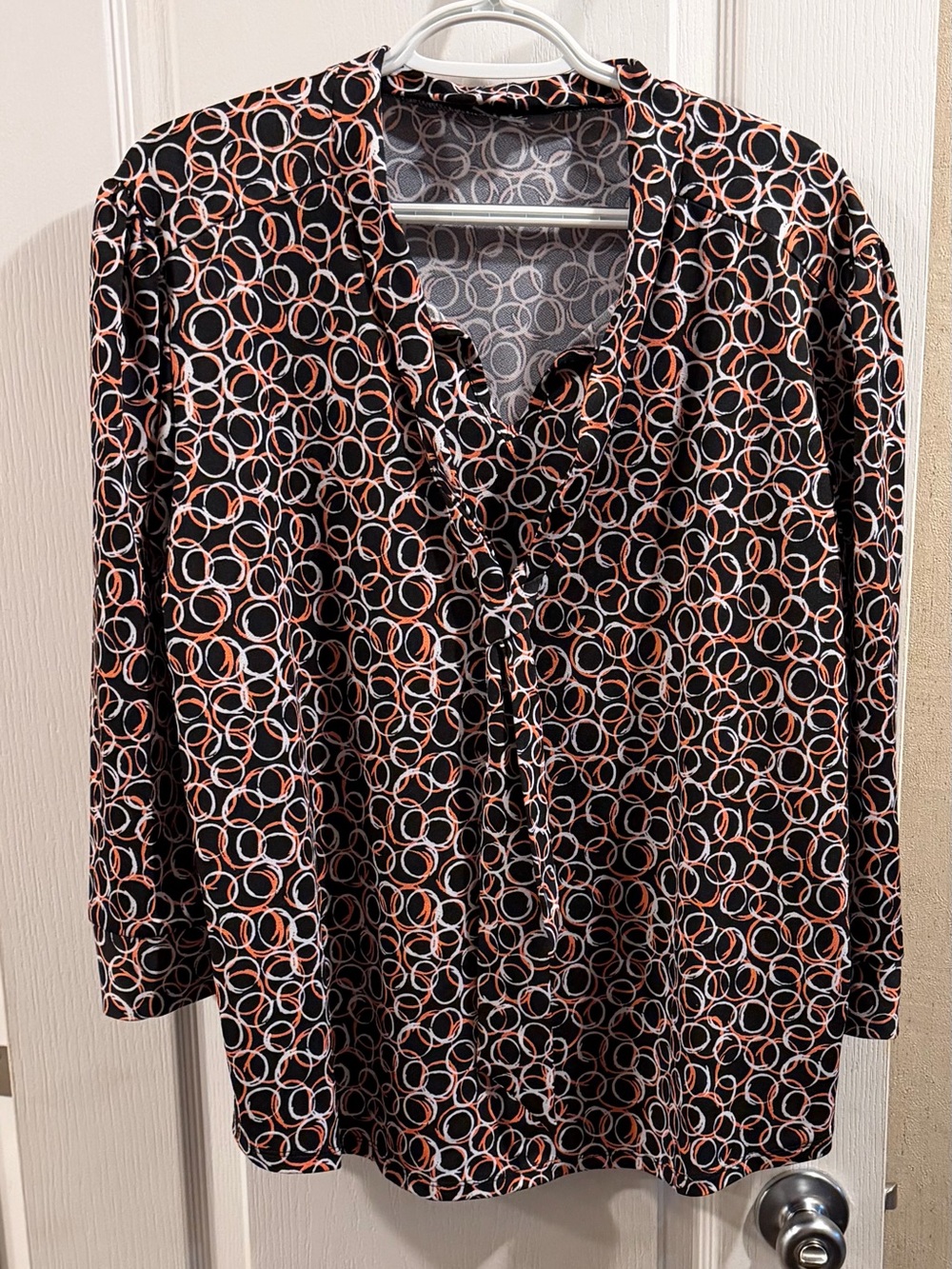 Womens Black Patterned Long-Sleeve Blouse with Coral and White Rings
